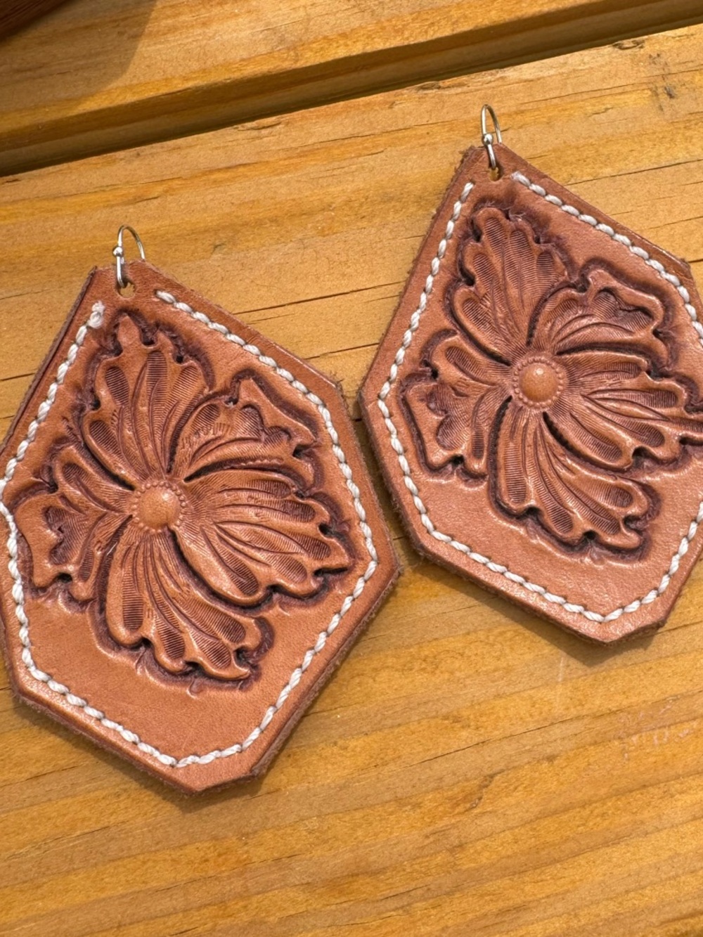 Hand-Tooled Floral Leather Earrings - Tan Brown